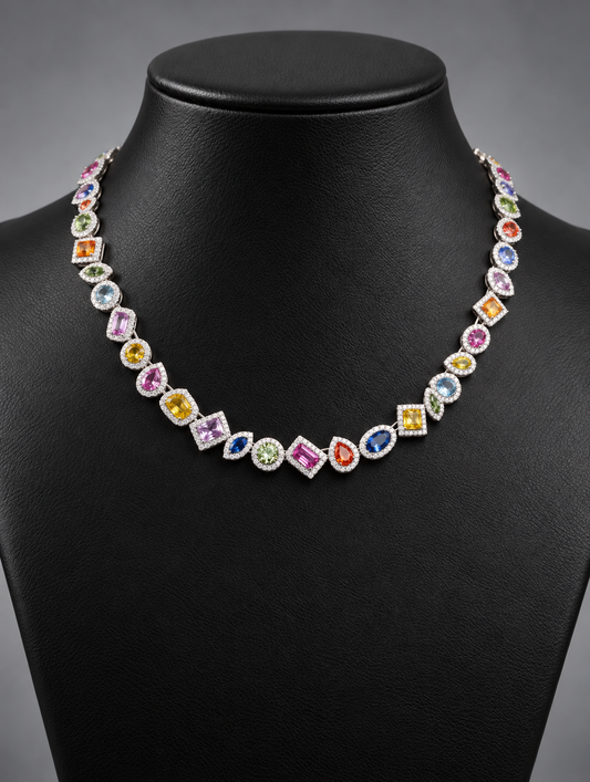 18” Luxury Unisex Multi-Gemstone Diamond Necklace in 14K Solid Gold