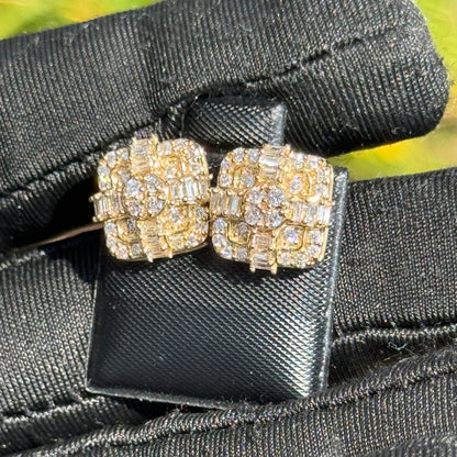 Yellow Gold Baguette & Round Diamond Grid Cluster Earrings 0.81ct– Iced Out Hip Hop Studs