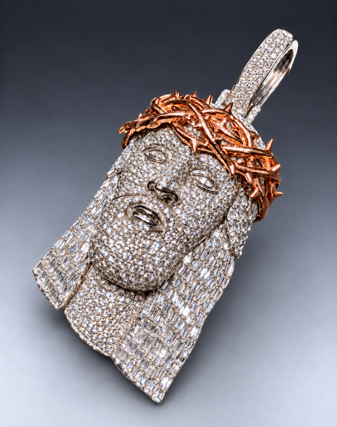 14K Gold Round & Baguette Natural Diamond Jesus Pendant w Polish Thorn Crown