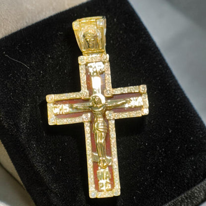 14K Yellow Gold 1.45” Enamel Jesus Cross Pendant with Diamond Border & Diamond Jesus Bail