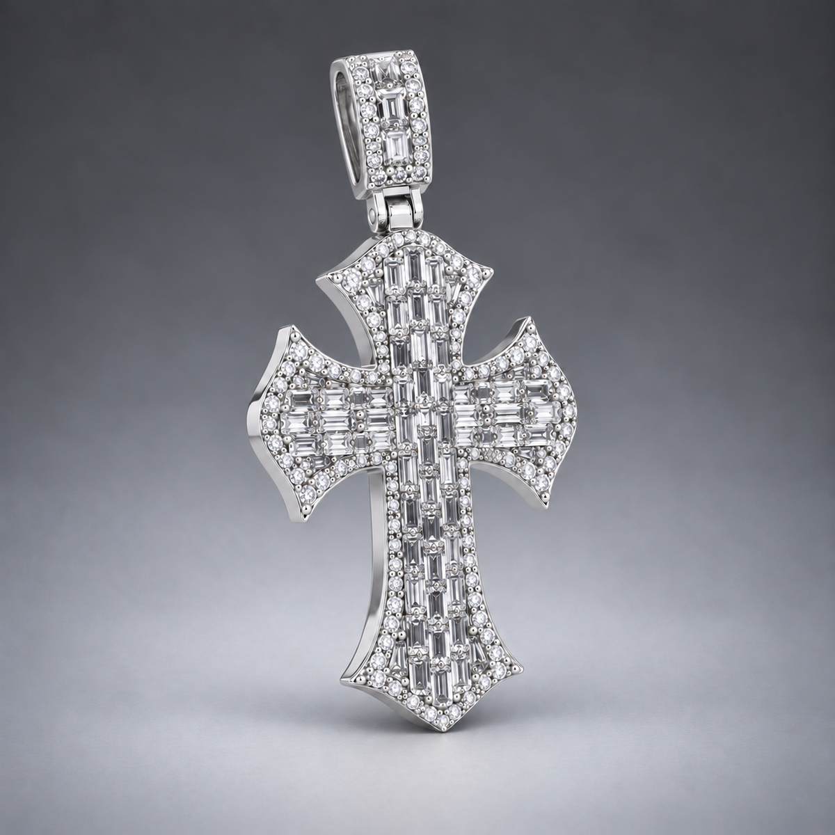 14K Gold Baguette& Round Diamond Cross Pendant