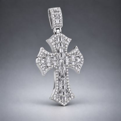 14K Gold Baguette& Round Diamond Cross Pendant