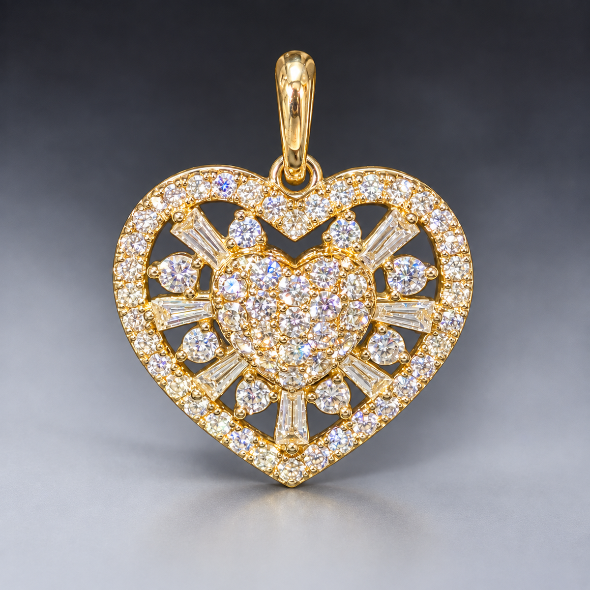 14K Rose Gold .50” Heart Pendant with 1.00 CT Natural Baguette & Round Diamonds