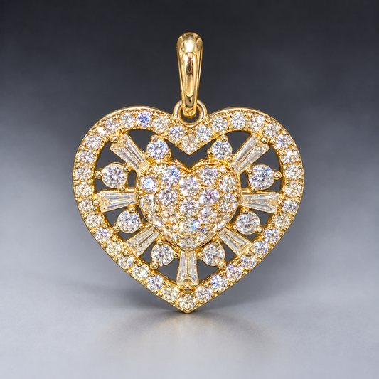 14K Rose Gold .50” Heart Pendant with 1.00 CT Natural Baguette & Round Diamonds