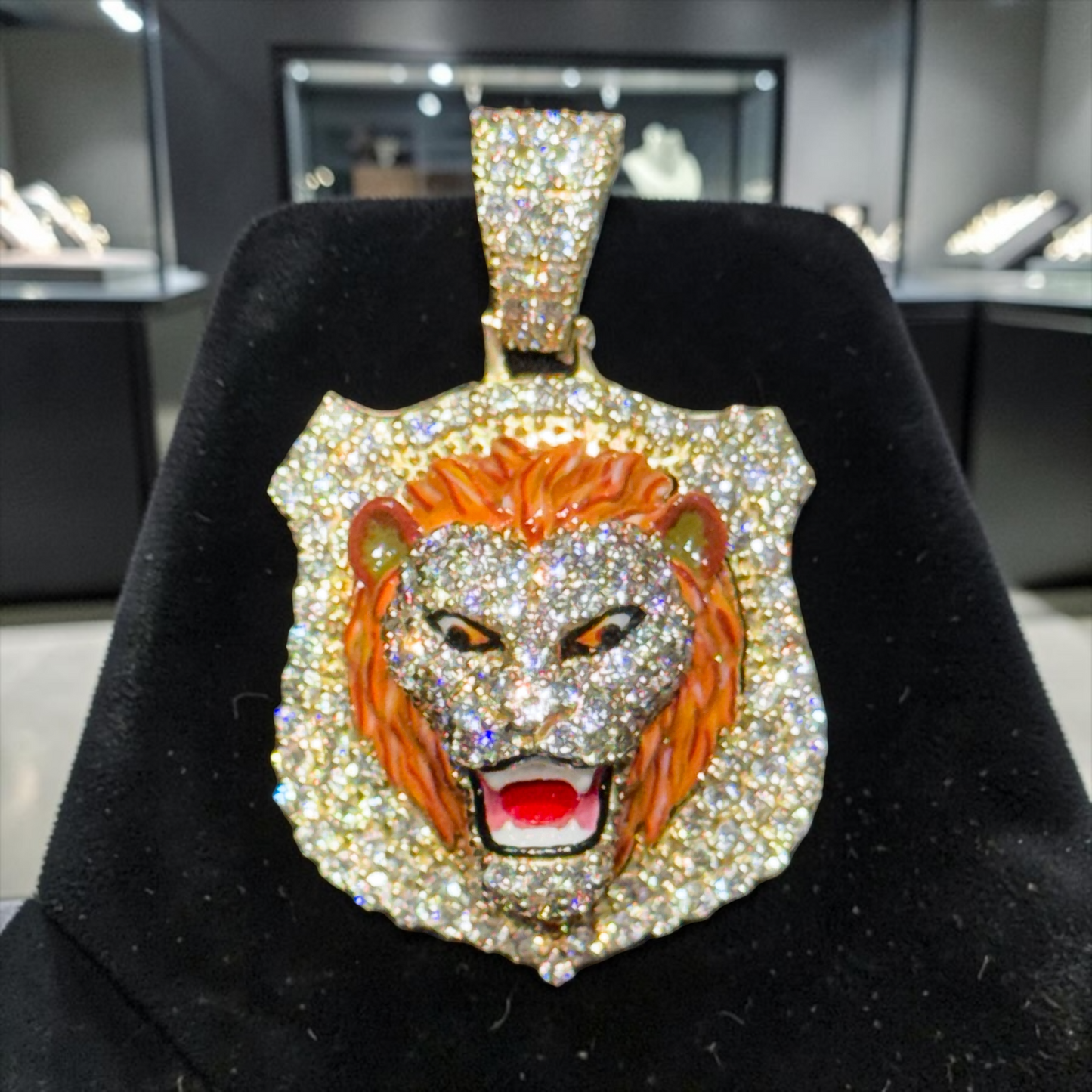 10K Gold 1” 3D Lion Face Pendant with 4.05 CT Natural Diamonds & Enamel Detail