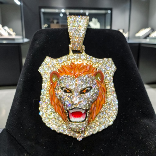 10K Gold 1” 3D Lion Face Pendant with 4.05 CT Natural Diamonds & Enamel Detail