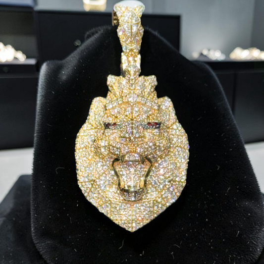 14K Gold 1” 3D Lion Face Pendant with Natural Diamonds, Diamond Crown & Red Diamond Eyes