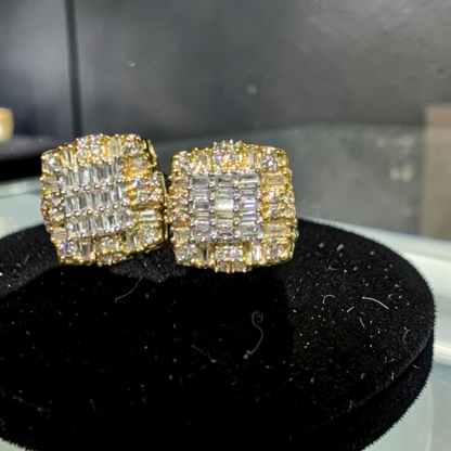 1.00ct Yellow Gold Baguette & Round Diamond Cluster Earrings – Iced Out Hip Hop Studs