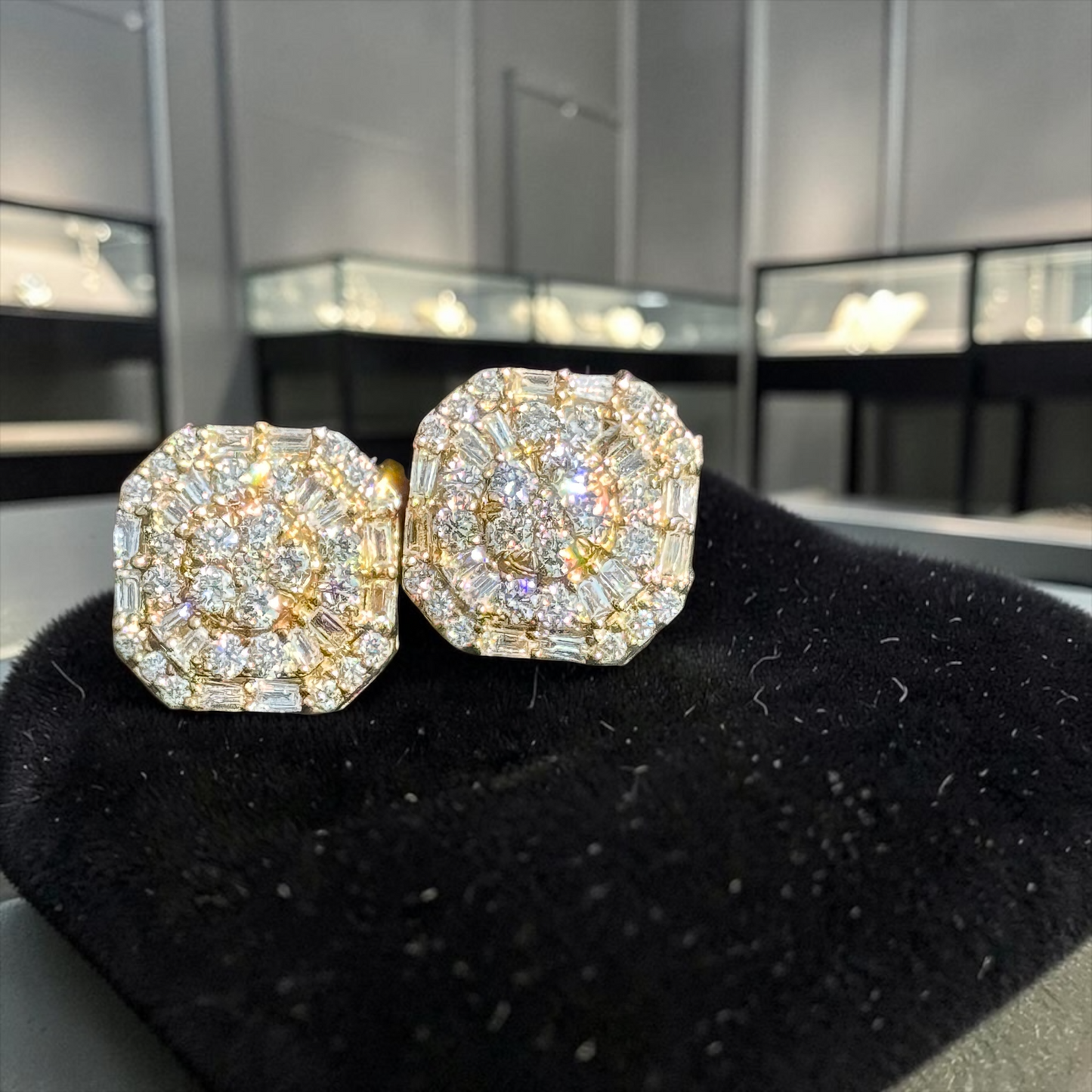 10K Gold Baguette & Round Diamond Octagon Earrings 1.04 Carats – Iced Out Hip Hop Studs