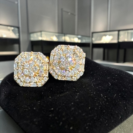 10K Gold Baguette & Round Diamond Octagon Earrings 1.04 Carats – Iced Out Hip Hop Studs