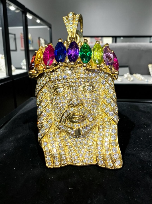 2” Solid Gold Diamond Jesus Pendant | Heavyweight 10K Yellow Gold Gemstone Crown (38.8g)