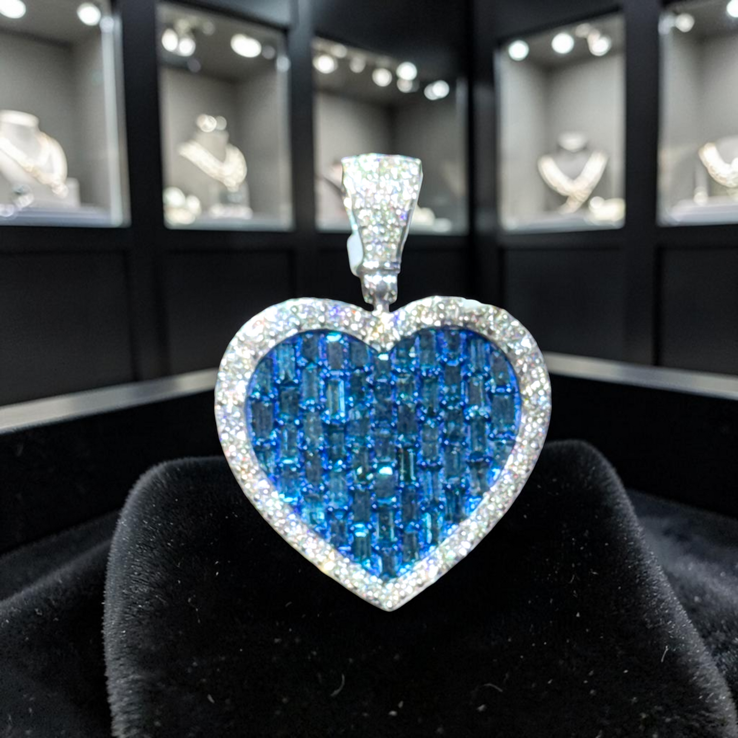 14K White Gold Blue Baguette Diamond Heart Pendant – 2.26 CT