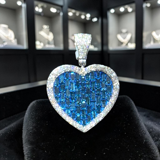 14K White Gold Blue Baguette Diamond Heart Pendant – 2.26 CT