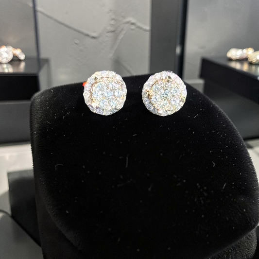 Round Cluster Diamond Halo Earrings – 10K Yellow Gold Iced Out Studs