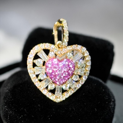14K Yellow Gold .65” Heart Pendant with 0.90 CT Mosaic Pink Sapphire Center, Natural Round Diamonds & Baguette Accents