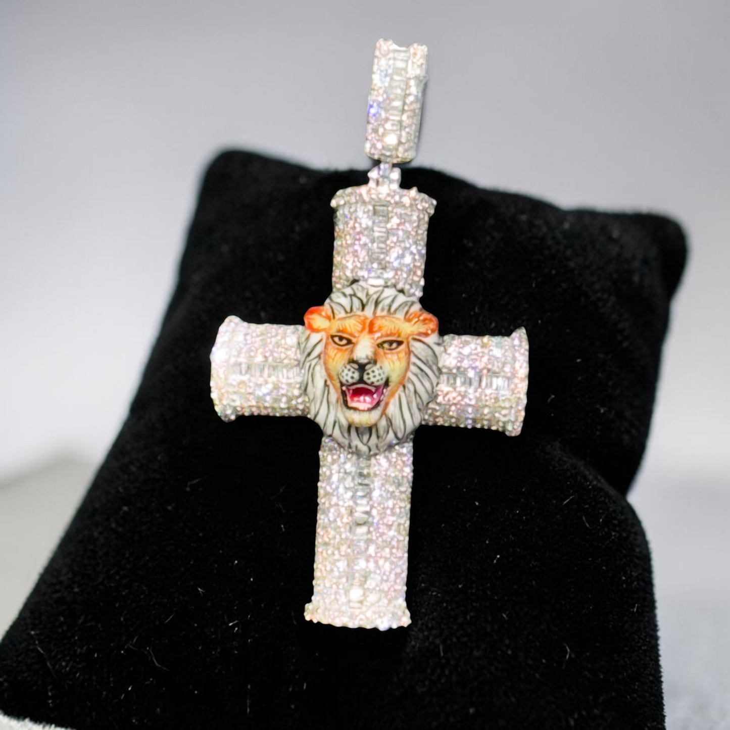 14K Gold Diamond Cross Pendant with Enamel Lion Head – 2.41 CT Iced Out