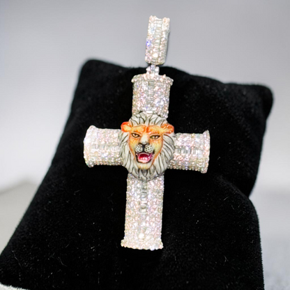 14K Gold Diamond Cross Pendant with Enamel Lion Head – 2.41 CT Iced Out