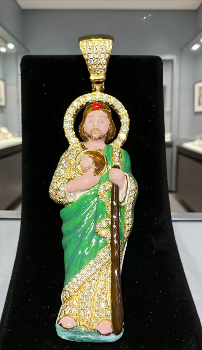2” Heavy 10K Yellow Gold Diamond Jesus Pendant – Hand-Finished Enamel