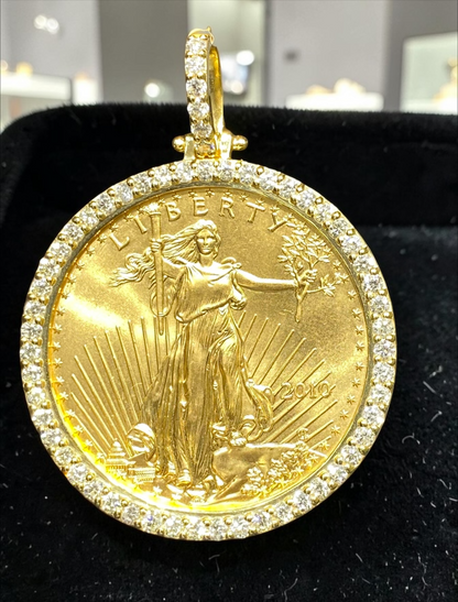 Gold Liberty Coin Pendant | 1 oz Pure Gold Diamond Bezel