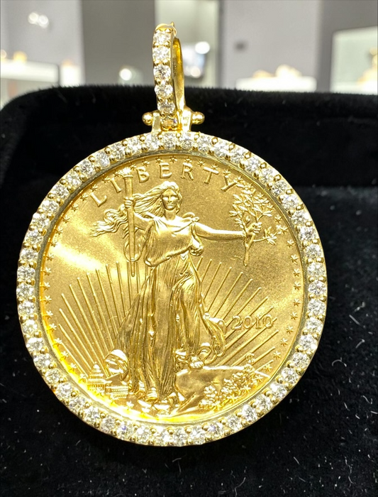 Gold Liberty Coin Pendant | 1 oz Pure Gold Diamond Bezel