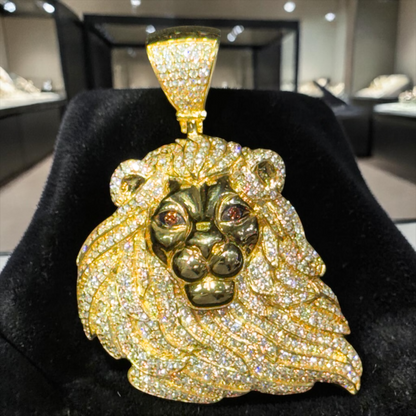 10K Gold 1.25” Lion Face Pendant with 3.15 CT Natural Diamonds & Red Diamond Eyes