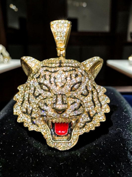 10K Gold 1.25” Tiger Face Pendant with Natural Diamonds & Red Enamel Tongue
