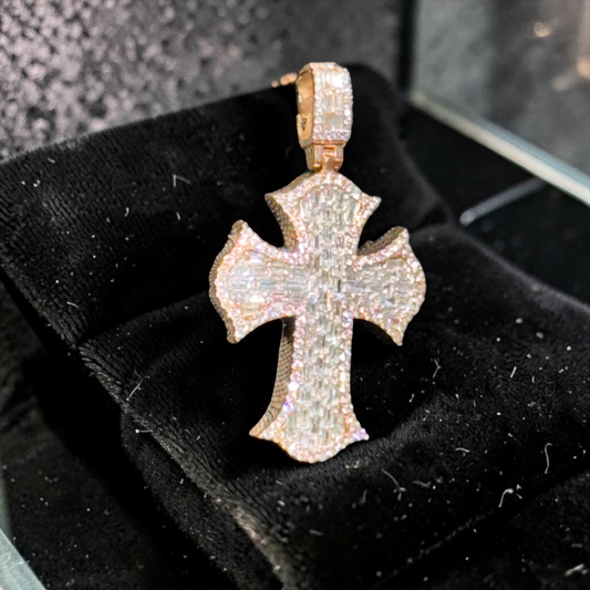 14K Rose Gold Baguette& Round Diamond Cross Pendant – 1.80 CT