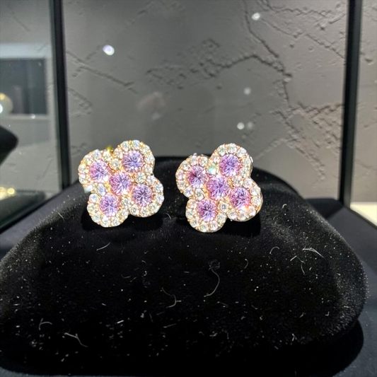 Yellow Gold Diamond & Pink Sapphire Flower Earrings 1.20ct – Luxury Hip Hop Cluster Studs