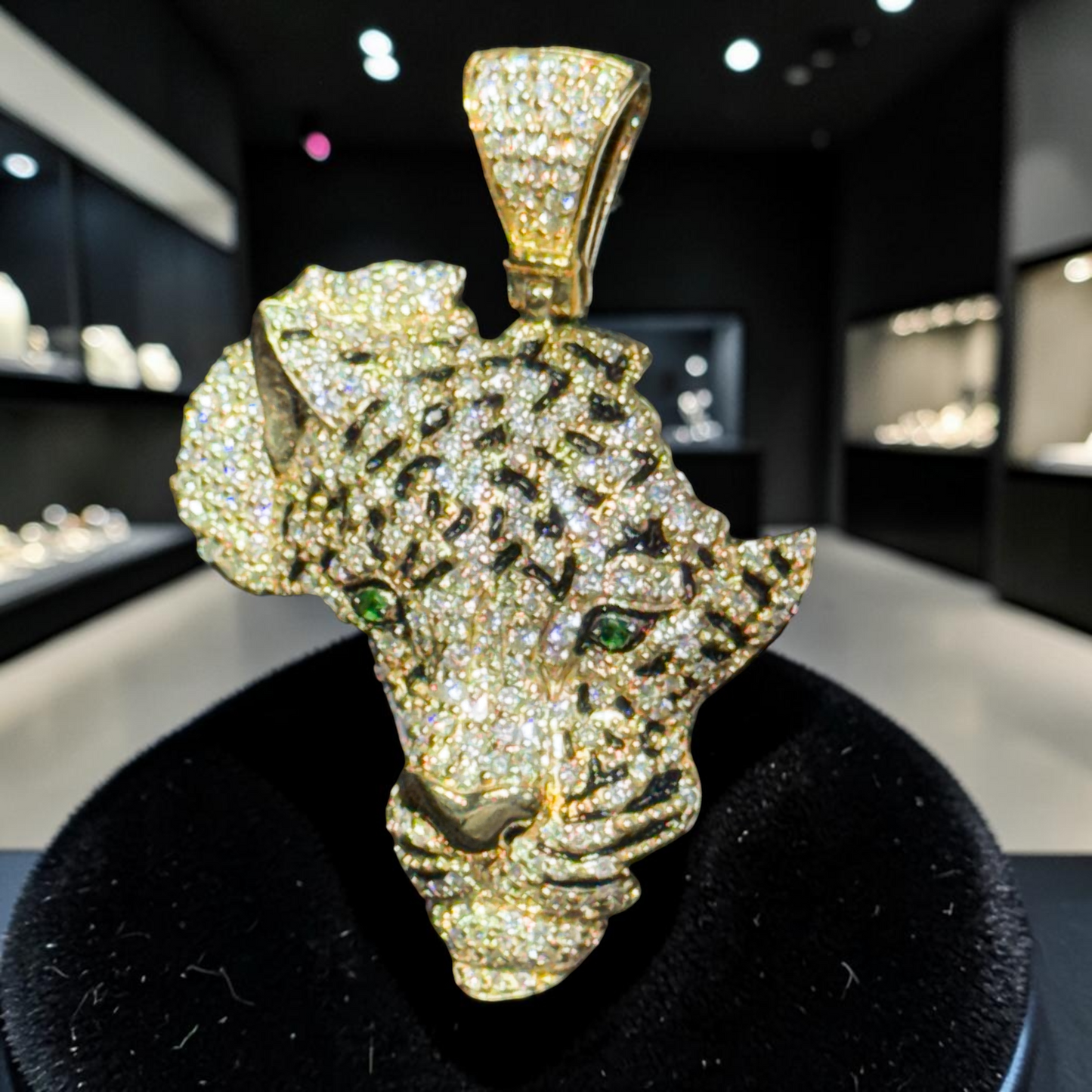 10K Gold 1.25” Africa Cheetah Face Pendant with 2.30 CT Natural Diamonds, Black Enamel & Green Diamond Eyes