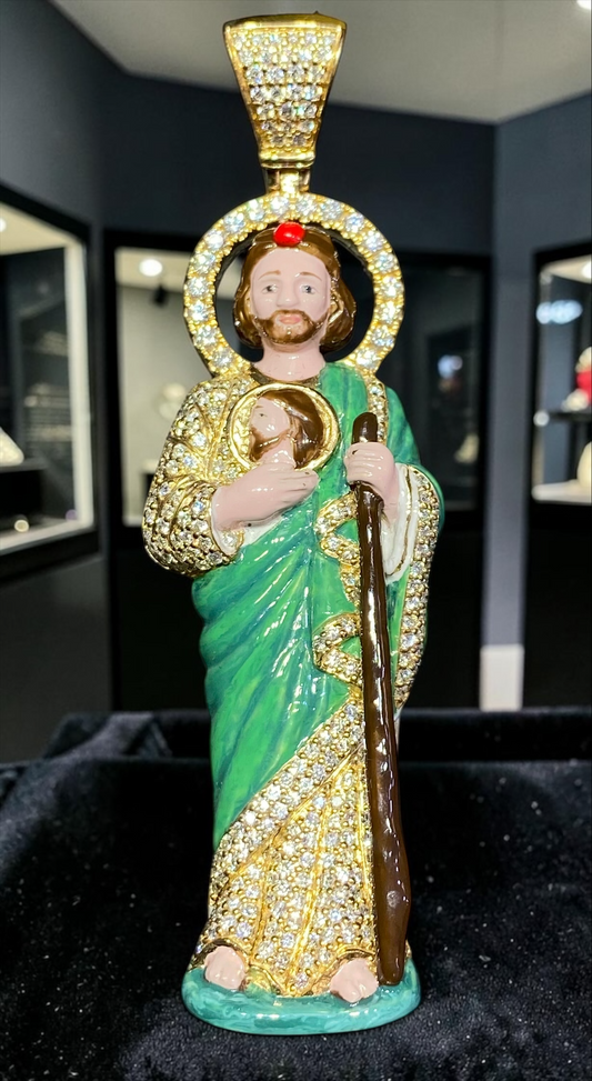 1.5” Heavy 10K Yellow Gold Diamond Jesus Pendant – Hand-Finished Enamel