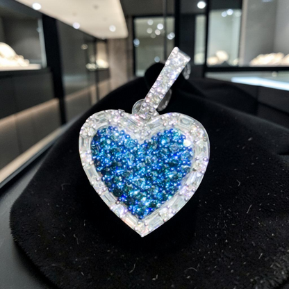 14K White Gold .50” Heart Pendant with 1.00 CT Blue & White Natural Baguette & Round Diamonds