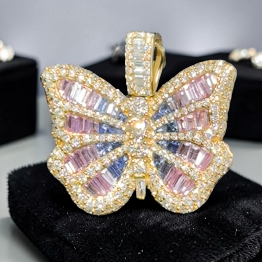 14K Yello1.35” Butterfly Pendant with 4.40 CT Blue & Pink Sapphire Center and Natural Diamond Border