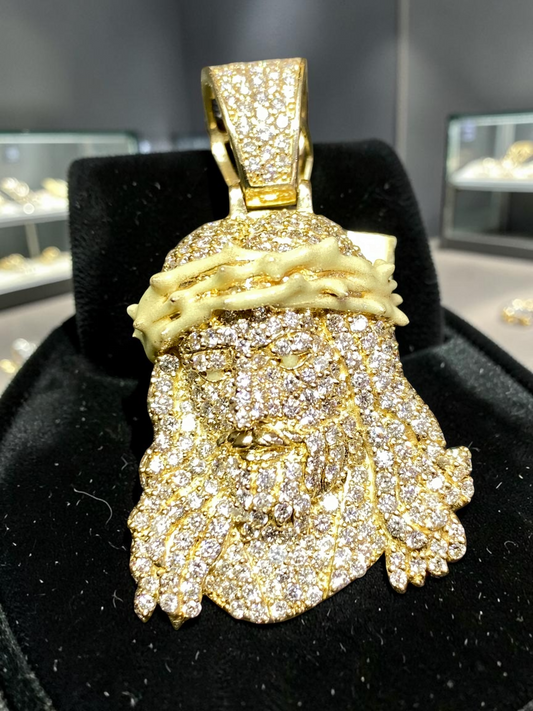 1.75” Heavyweight Jesus Pendant in 14K Yellow Gold – Diamond-Set Crown & Bail, Glow-in-the-Dark Enamel, Approx. 38.8g