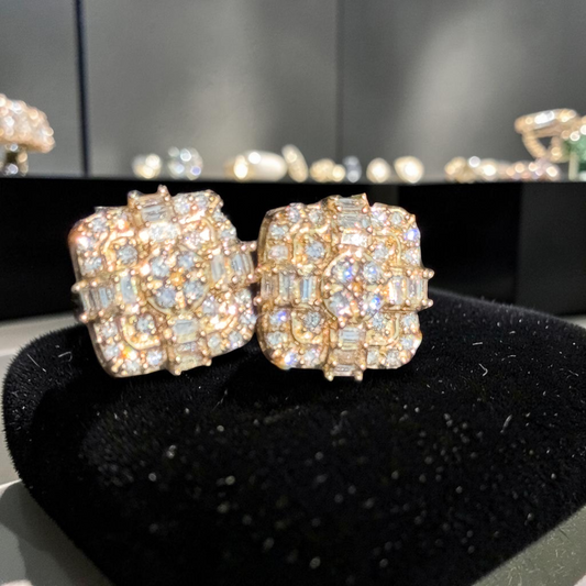Yellow Gold Baguette & Round Diamond Grid Cluster Earrings 0.81ct– Iced Out Hip Hop Studs