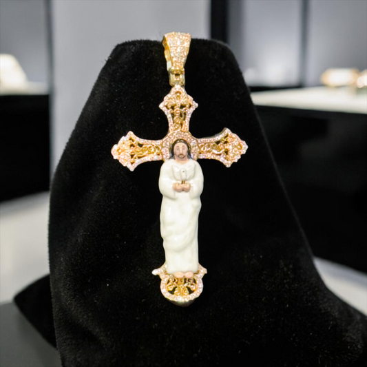 14K Gold 1.45” Enamel Jesus Cross Pendant with Natural Diamond Accents – Available in Yellow, White & Rose Gold