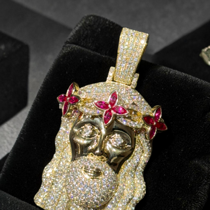 10K Yellow Gold Diamond Jesus Piece Pendant with Garnet Flower Crown – 6.90 CTW