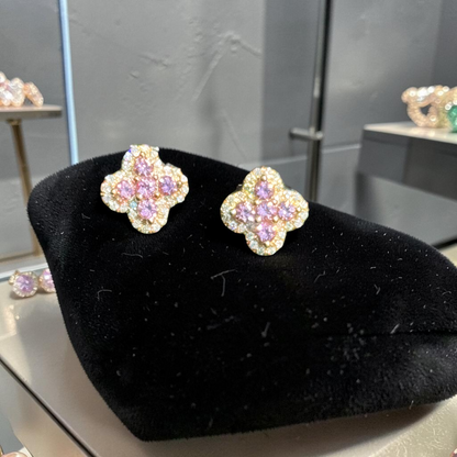 14K Yellow Gold Pink Sapphire & White Diamond Flower Cluster Earrings 0.45ct – Luxury Iced Out Studs