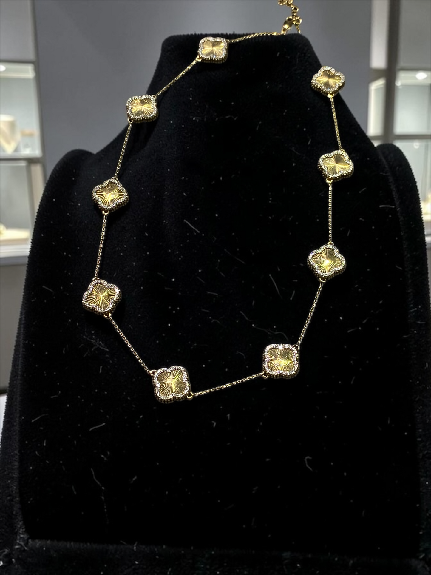 14K Yellow Gold Diamond Clover Station Necklace | Luxury Designer Style
