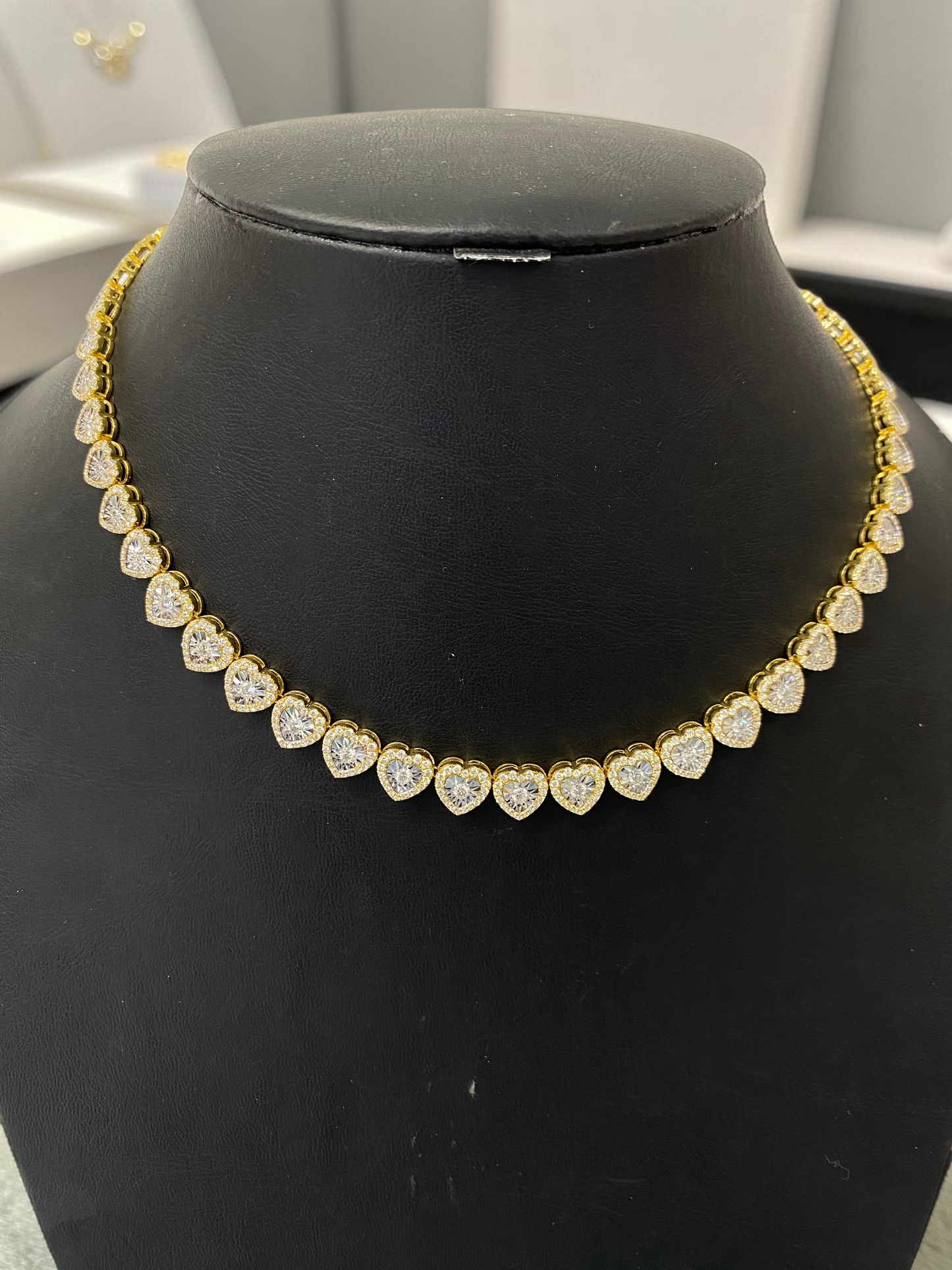10K Yellow Gold Heart Diamond Tennis Necklace – 7.00 Carats Natural Diamonds | 17”