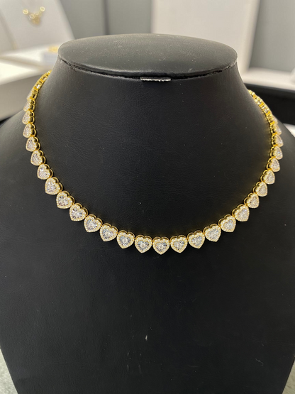 10K Yellow Gold Heart Diamond Tennis Necklace – 7.00 Carats Natural Diamonds | 17”