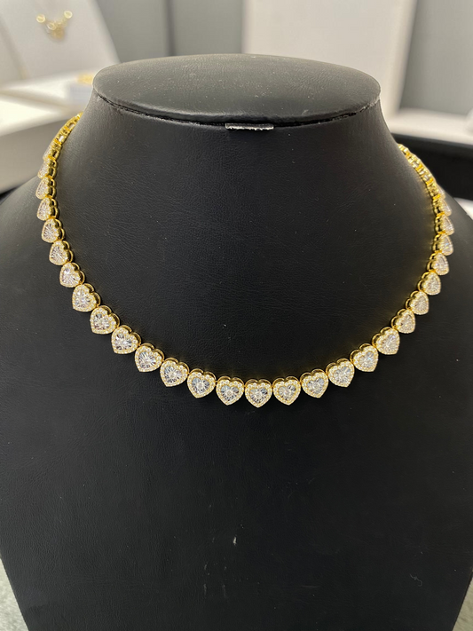 10K Yellow Gold Heart Diamond Tennis Necklace – 7.00 Carats Natural Diamonds | 17”