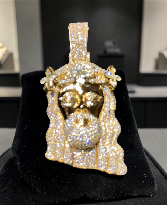14K Yellow Gold Jesus Piece Pendant with Marquise Flower Crown – 6.9 CT Diamond Pendant
