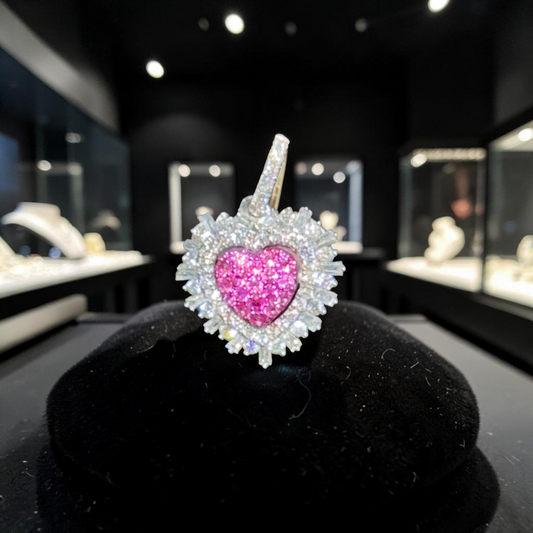 14K White Gold .45” Heart Pendant with 0.65 CT Natural Round Diamonds, 0.30 CT Pink Sapphires & Baguette Accents