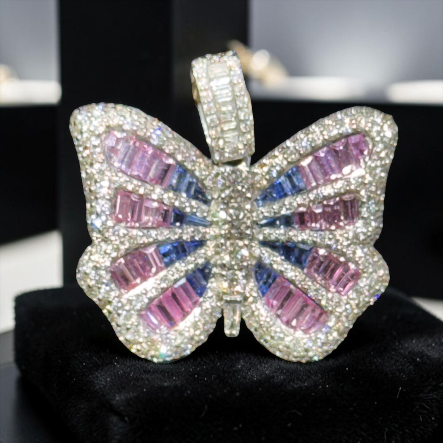 14K Yello1.35” Butterfly Pendant with 4.40 CT Blue & Pink Sapphire Center and Natural Diamond Border