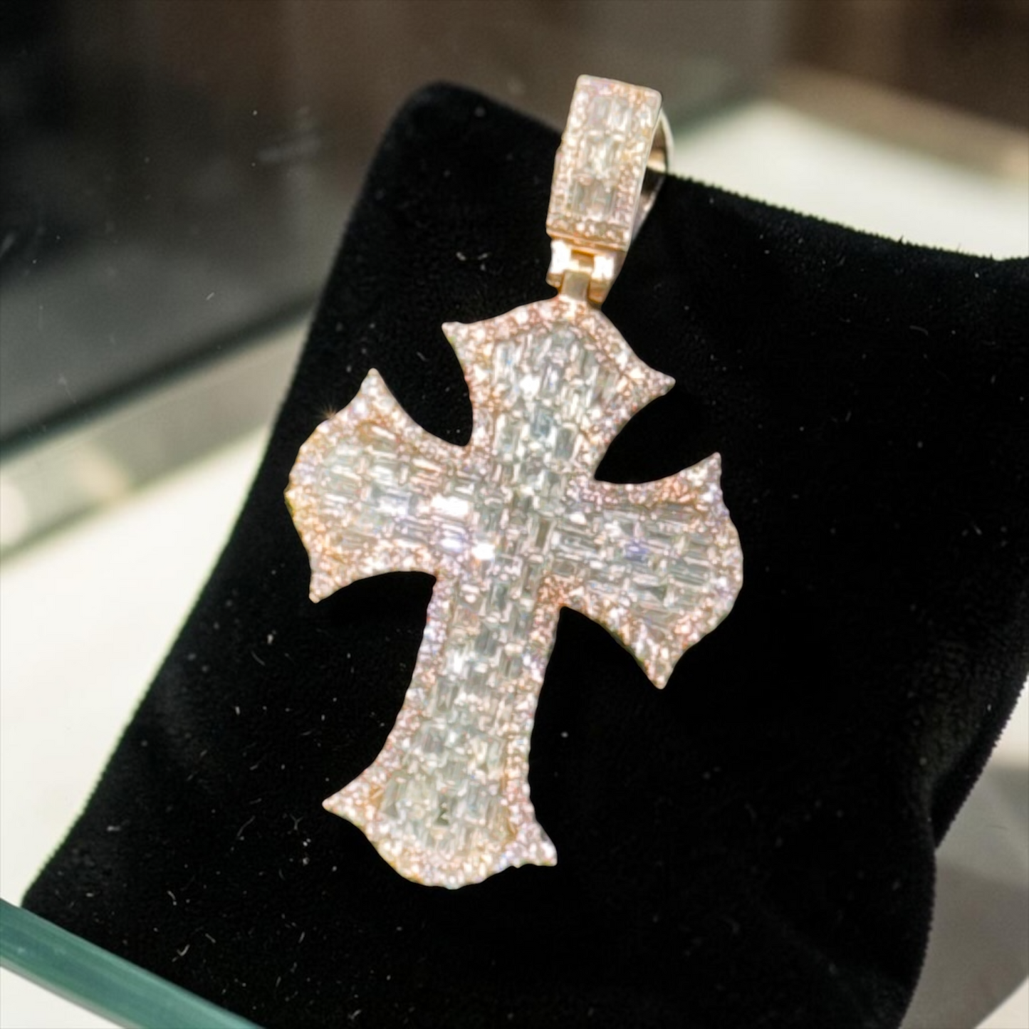 14K Rose Gold Baguette& Round Diamond Cross Pendant – 1.80 CT