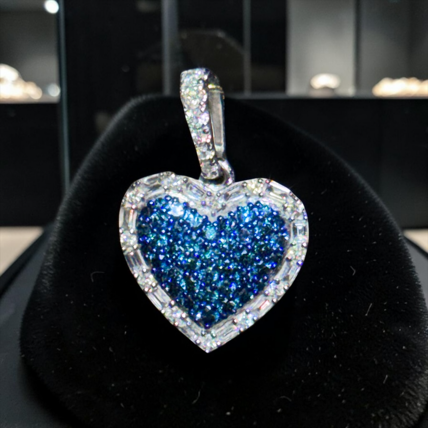14K White Gold .50” Heart Pendant with 1.00 CT Blue & White Natural Baguette & Round Diamonds