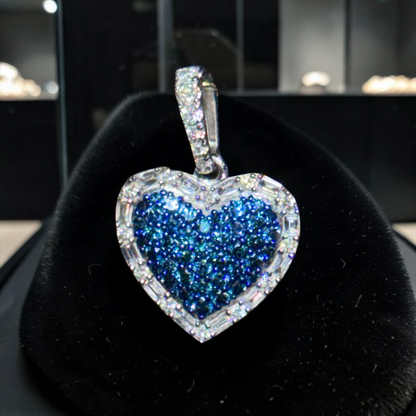 14K White Gold .50” Heart Pendant with 1.00 CT Blue & White Natural Baguette & Round Diamonds