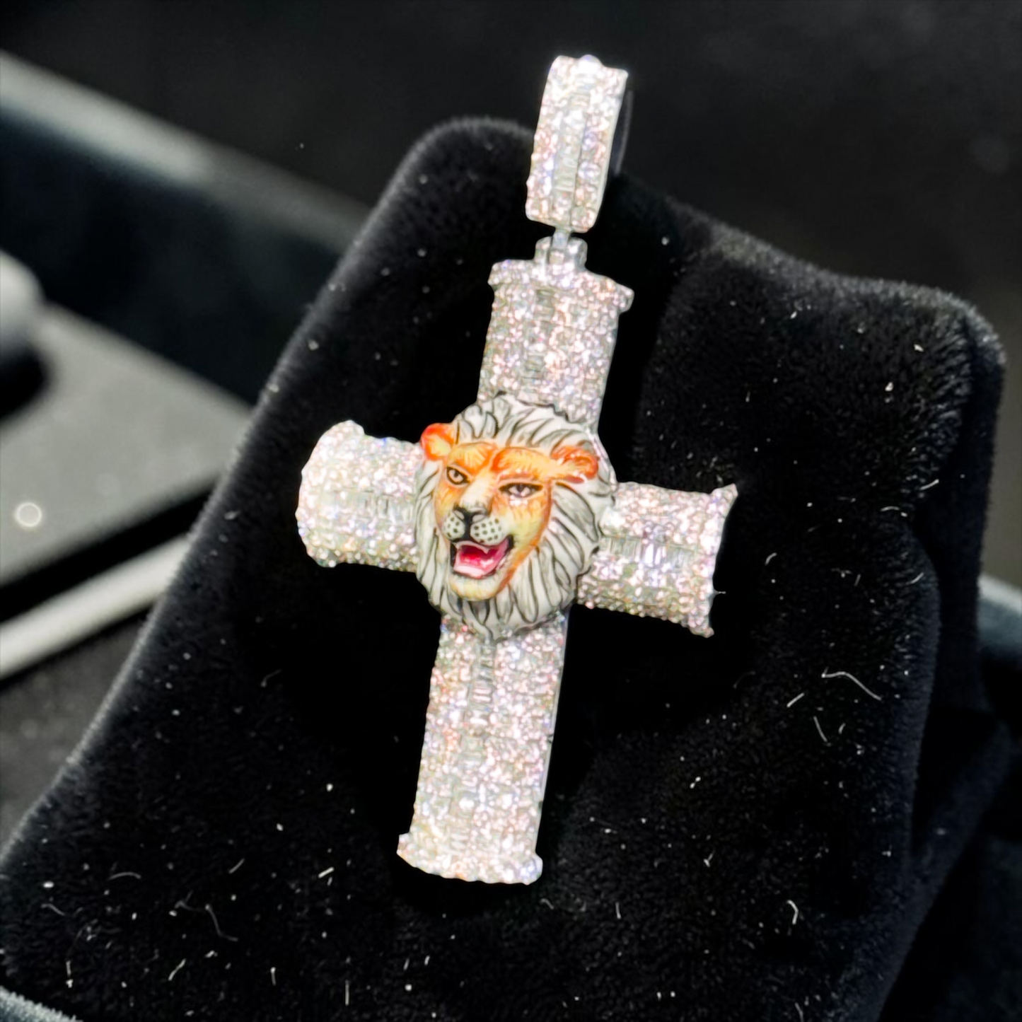 14K Gold Diamond Cross Pendant with Enamel Lion Head – 2.41 CT Iced Out