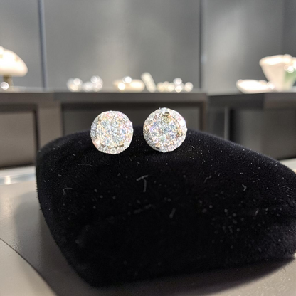 Round Cluster Diamond Halo Earrings – 10K Yellow Gold Iced Out Studs