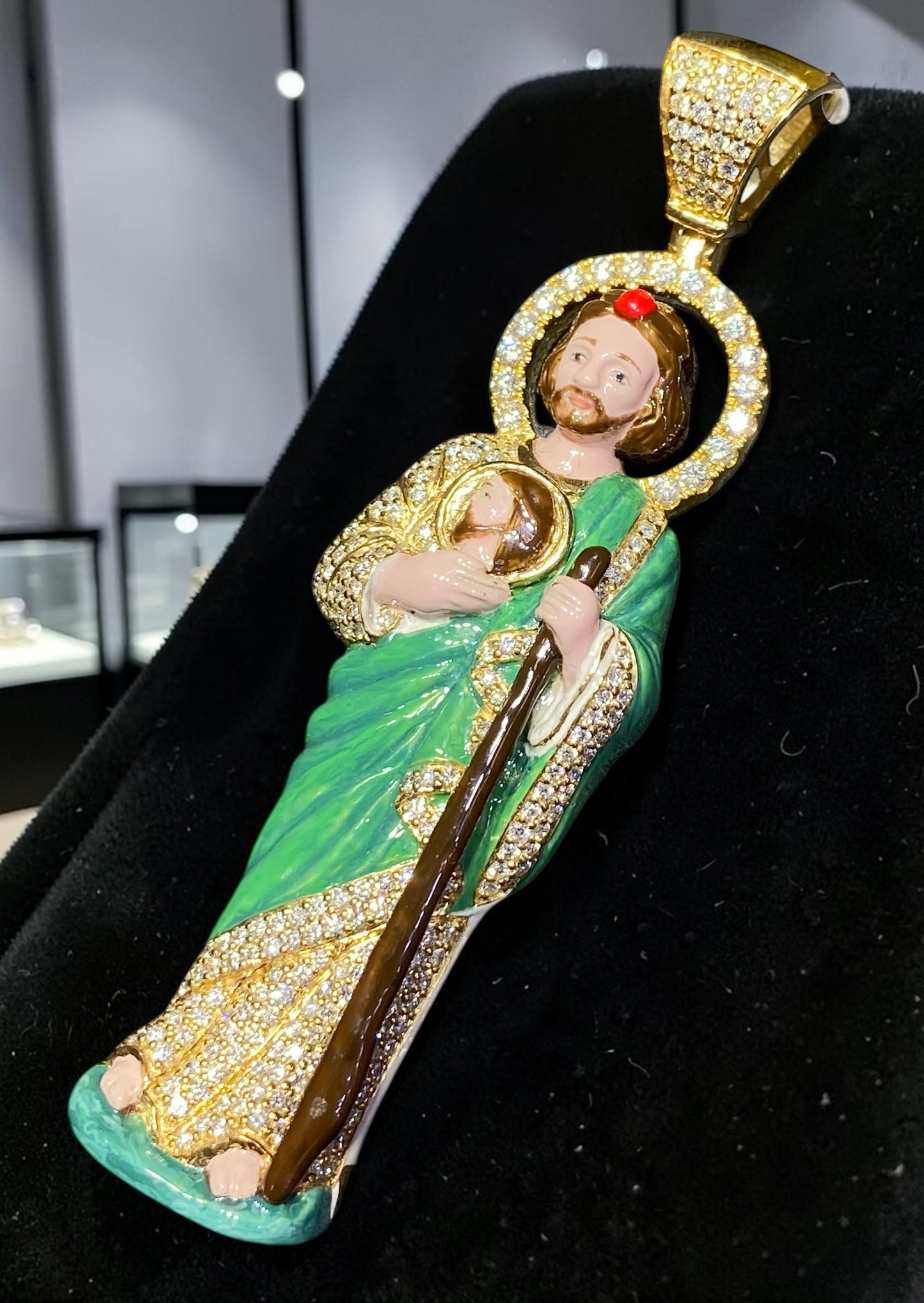 1.5” Heavy 10K Yellow Gold Diamond Jesus Pendant – Hand-Finished Enamel